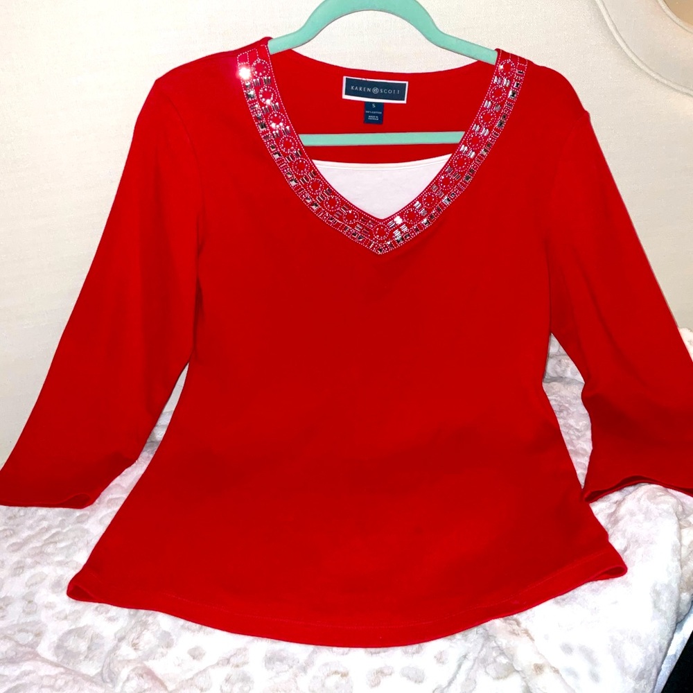 VALENTINES RUBY RED Vneck beaded silver KAREN SCOTT SMALL festive blouse sweater